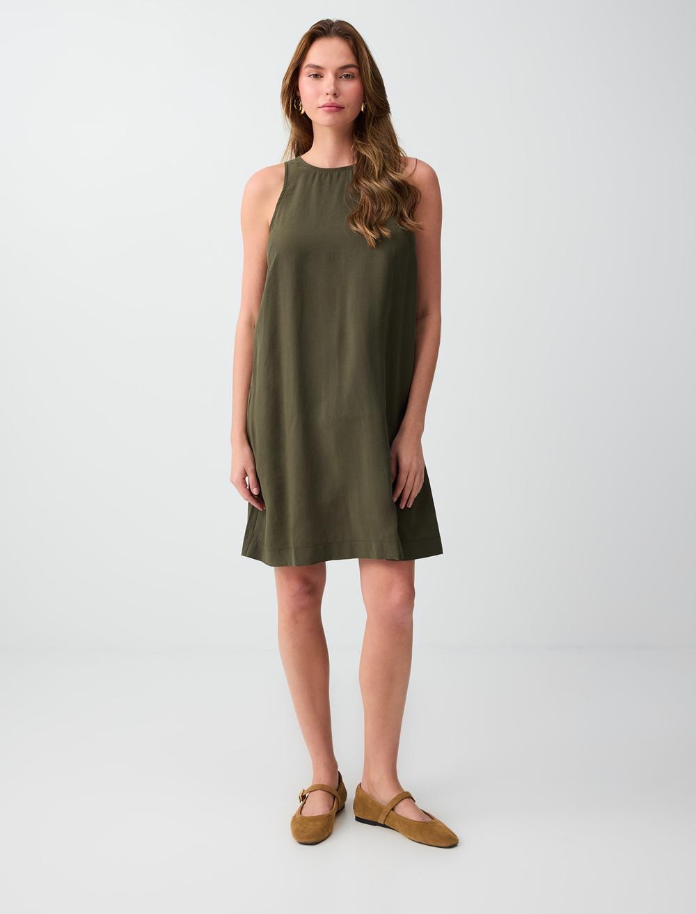Loose Fit Crew Neck Sleeveless Dress - Khaki - 6SW067021312