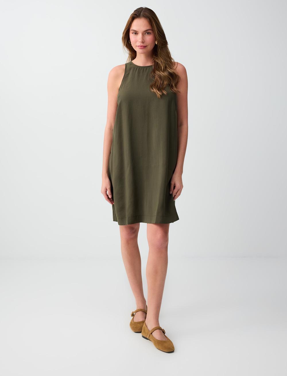 Loose Fit Crew Neck Sleeveless Dress - Khaki - 6SW067021312