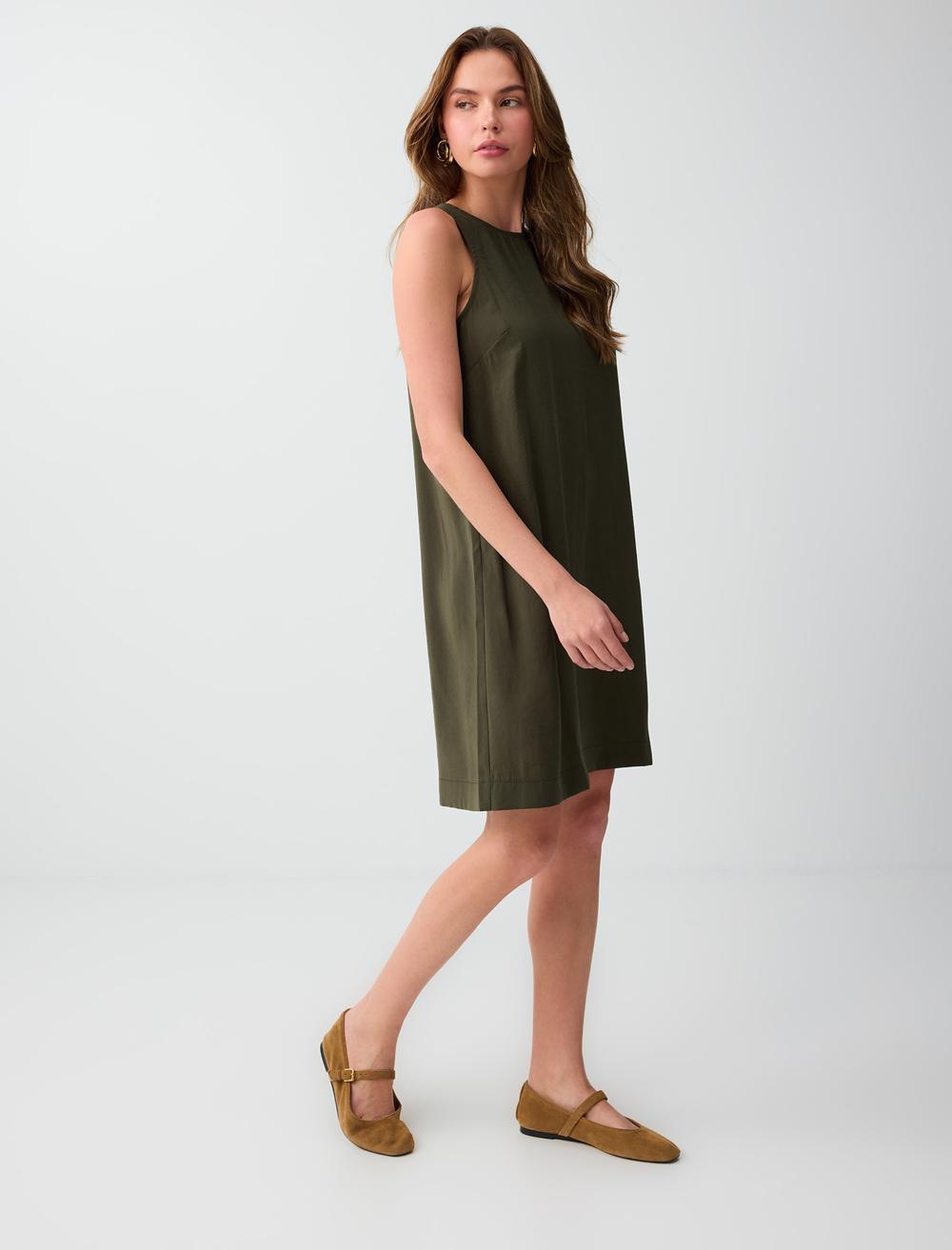 Loose Fit Crew Neck Sleeveless Dress - Khaki - 6SW067021312