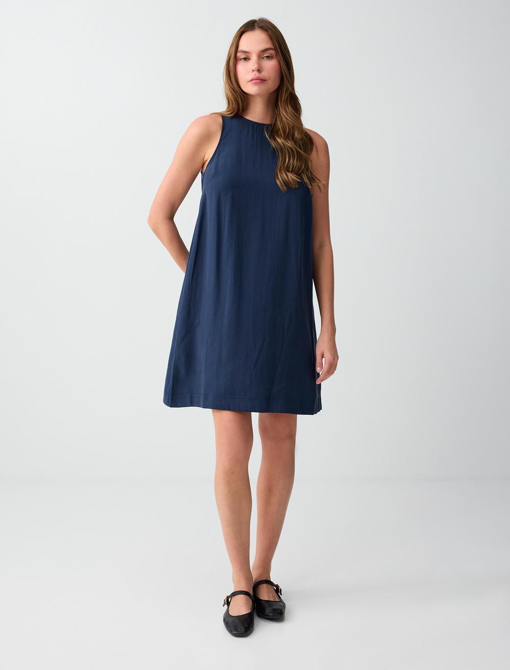 Loose Fit Crew Neck Sleeveless Dress - Dark Blue - 6SW067022494