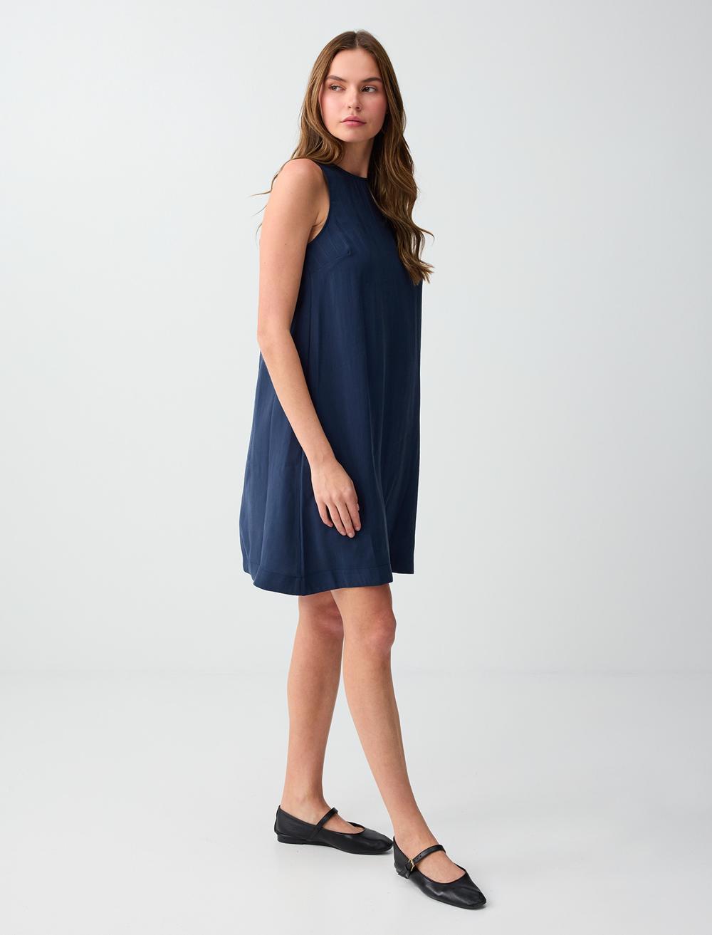 Loose Fit Crew Neck Sleeveless Dress - Dark Blue - 6SW067022494