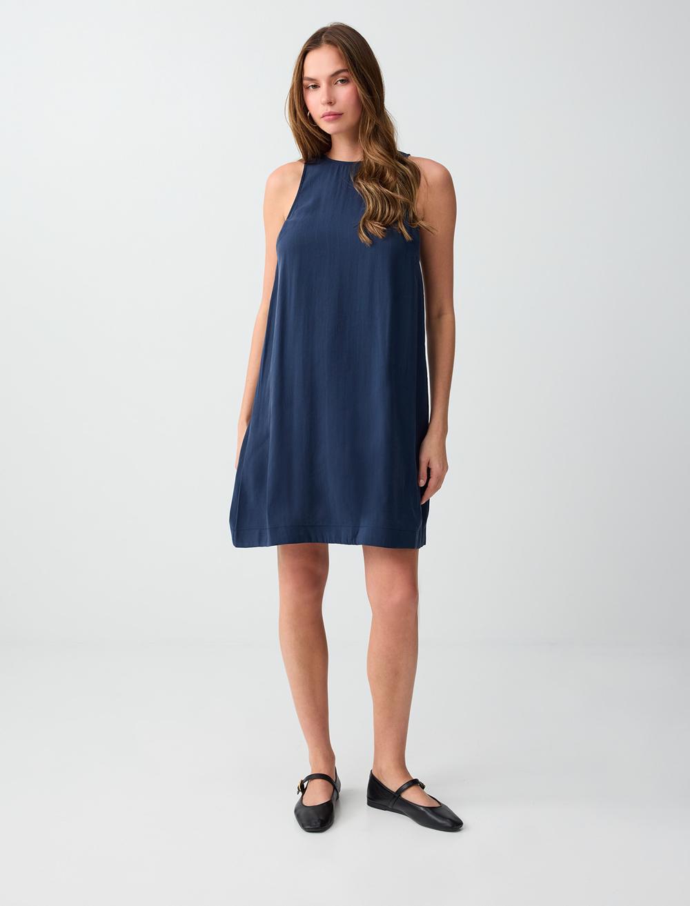 Loose Fit Crew Neck Sleeveless Dress - Dark Blue - 6SW067022494