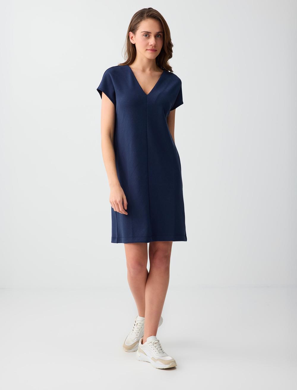 Normal Fit V-Neck Dress - Dark Blue - 6SW067065494