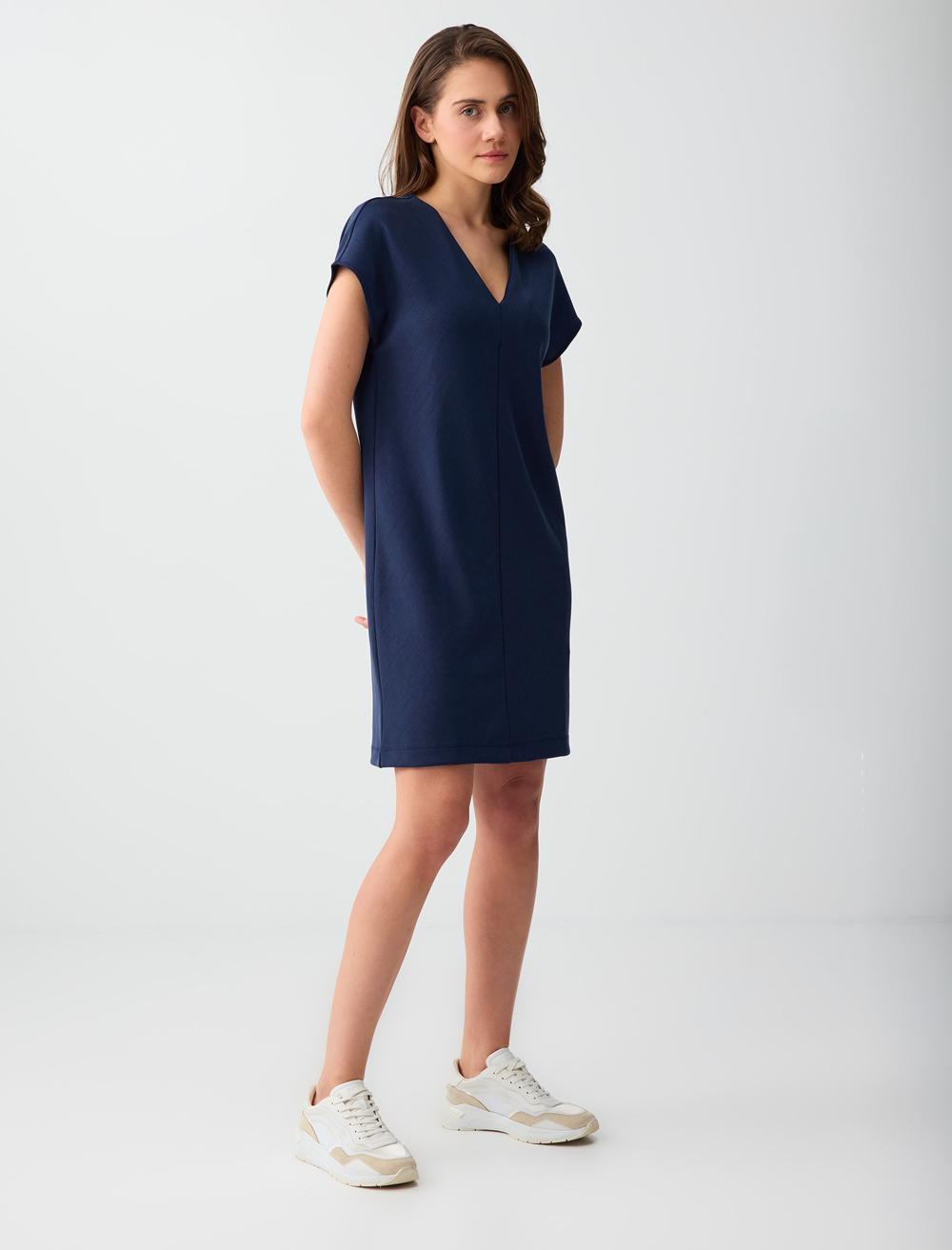 Normal Fit V-Neck Dress - Dark Blue - 6SW067065494