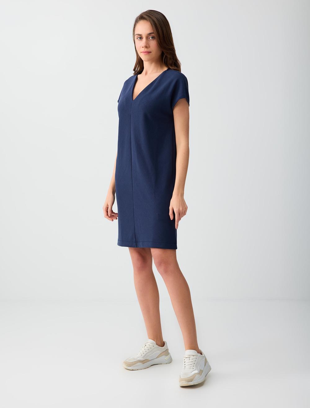 Normal Fit V-Neck Dress - Dark Blue - 6SW067065494