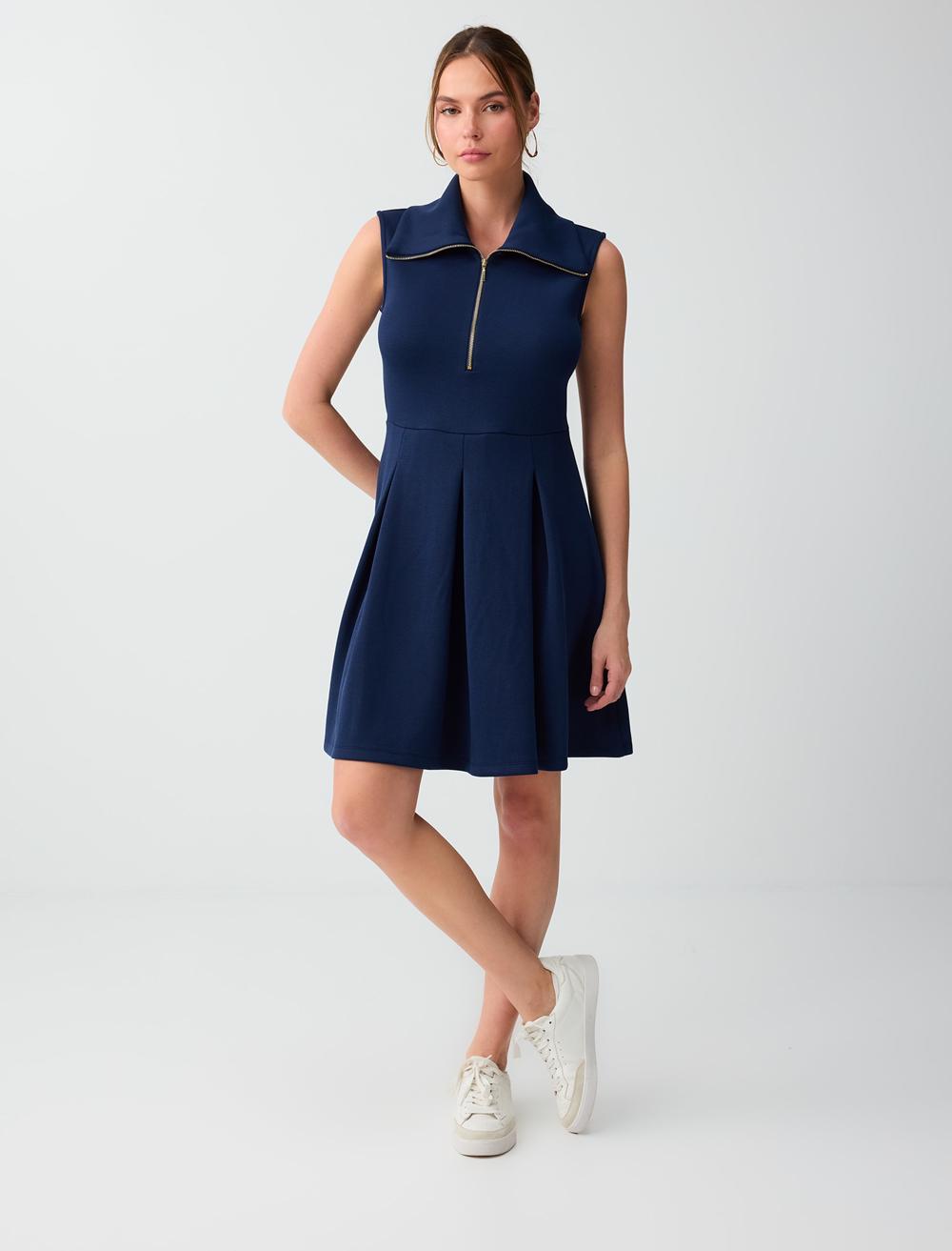 Normal Fit High Collar Sleeveless Dress - Dark Blue - 6SW067211494