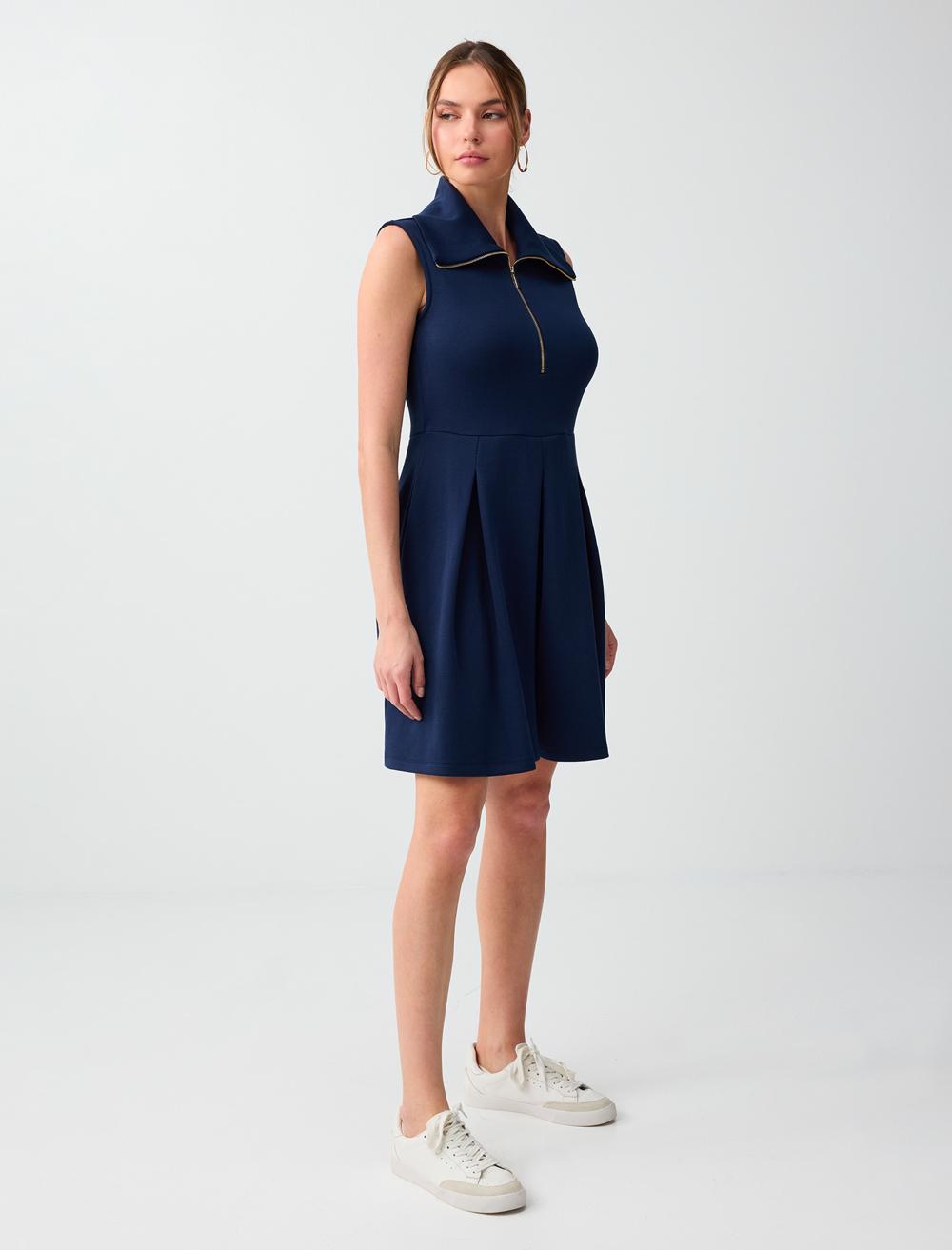 Normal Fit High Collar Sleeveless Dress - Dark Blue - 6SW067211494