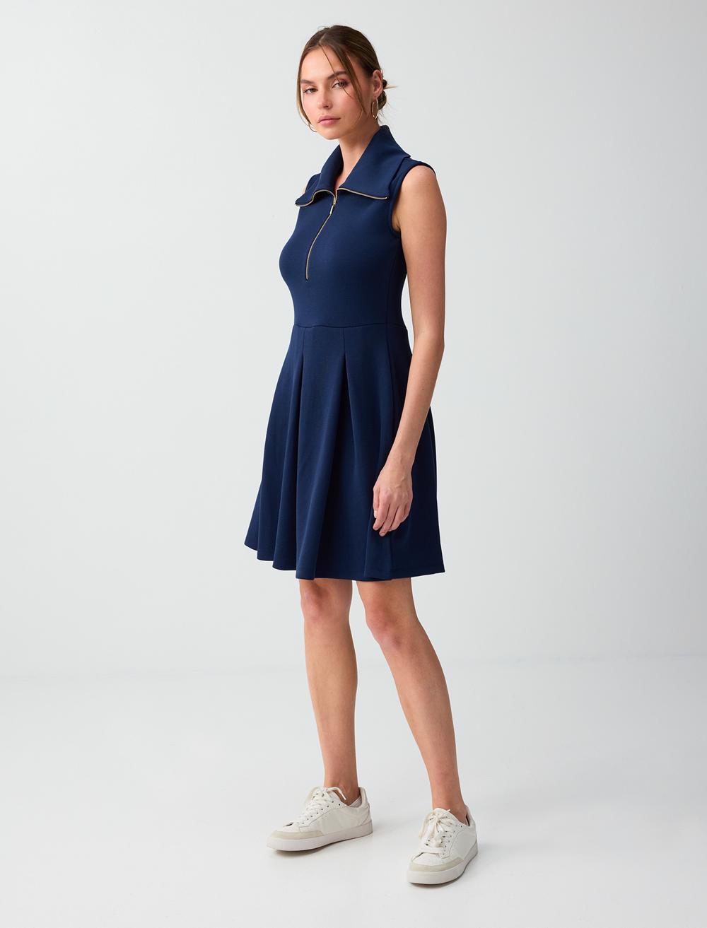 Normal Fit High Collar Sleeveless Dress - Dark Blue - 6SW067211494