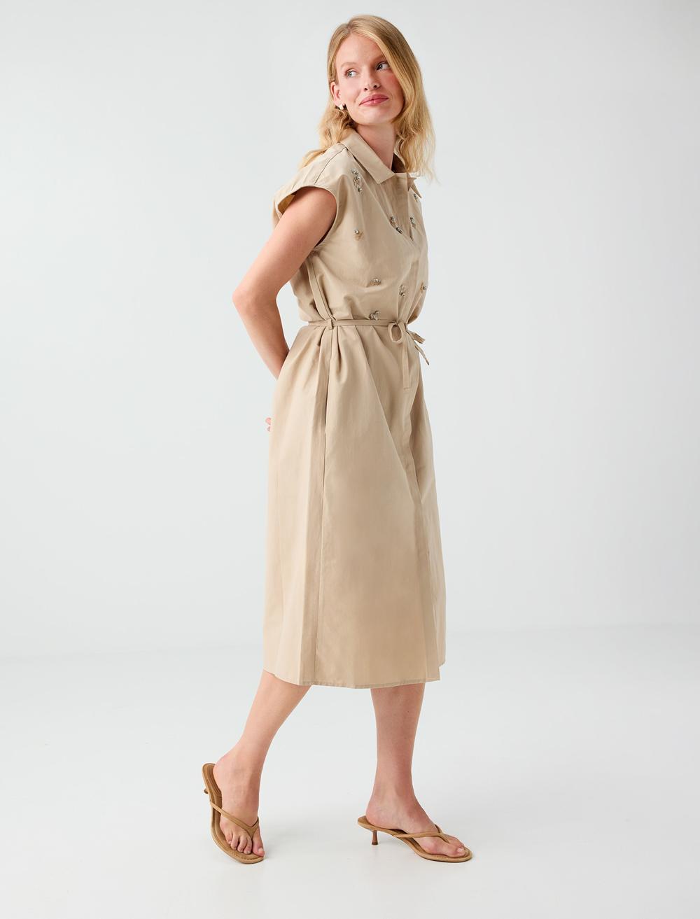 Normal Fit Shirt Collar Dress - Beige - 6SW067250130