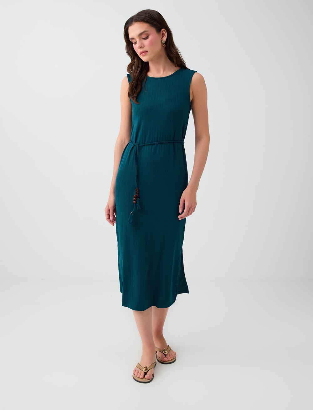 Slim Fit Crew Neck Sleeveless Dress - Dark Green - 6SW067323320