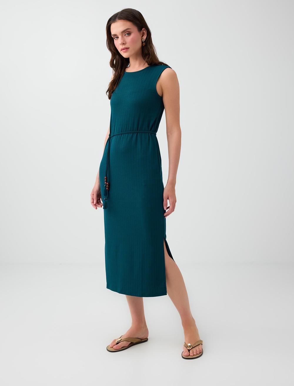 Slim Fit Crew Neck Sleeveless Dress - Dark Green - 6SW067323320