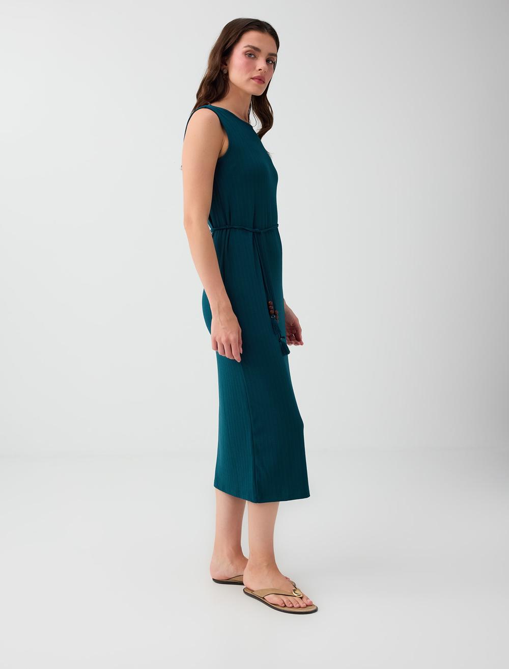 Slim Fit Crew Neck Sleeveless Dress - Dark Green - 6SW067323320