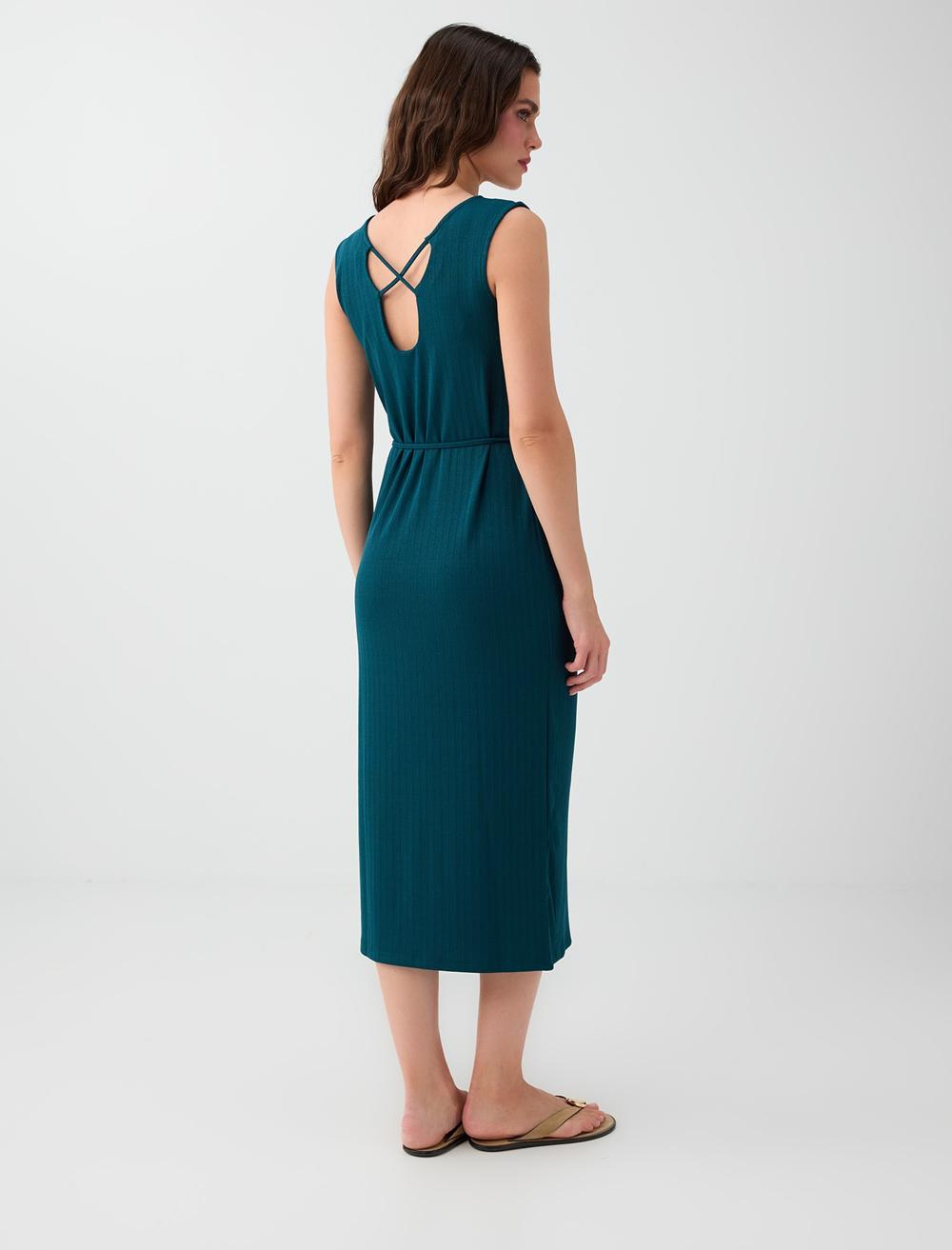 Slim Fit Crew Neck Sleeveless Dress - Dark Green - 6SW067323320