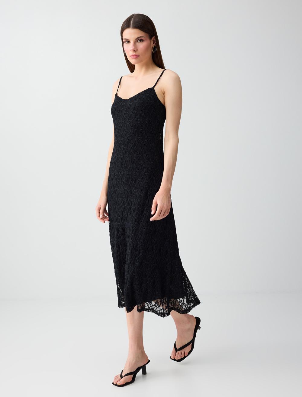 Normal Fit Spaghetti Strap Dress - Black - 6SW067327900