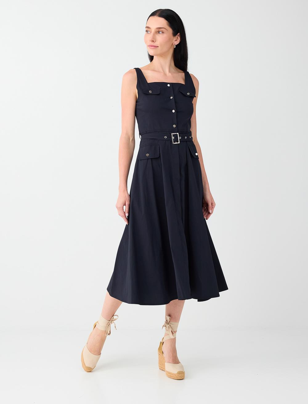 Normal Fit Square Neck Sleeveless Dress - Dark Blue - 6SW067523494