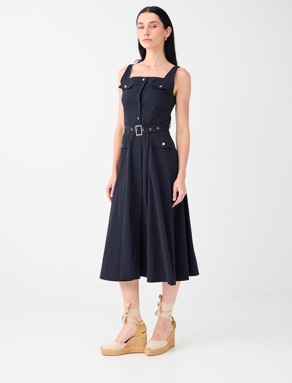 Normal Fit Square Neck Sleeveless Dress - Dark Blue - 6SW067523494