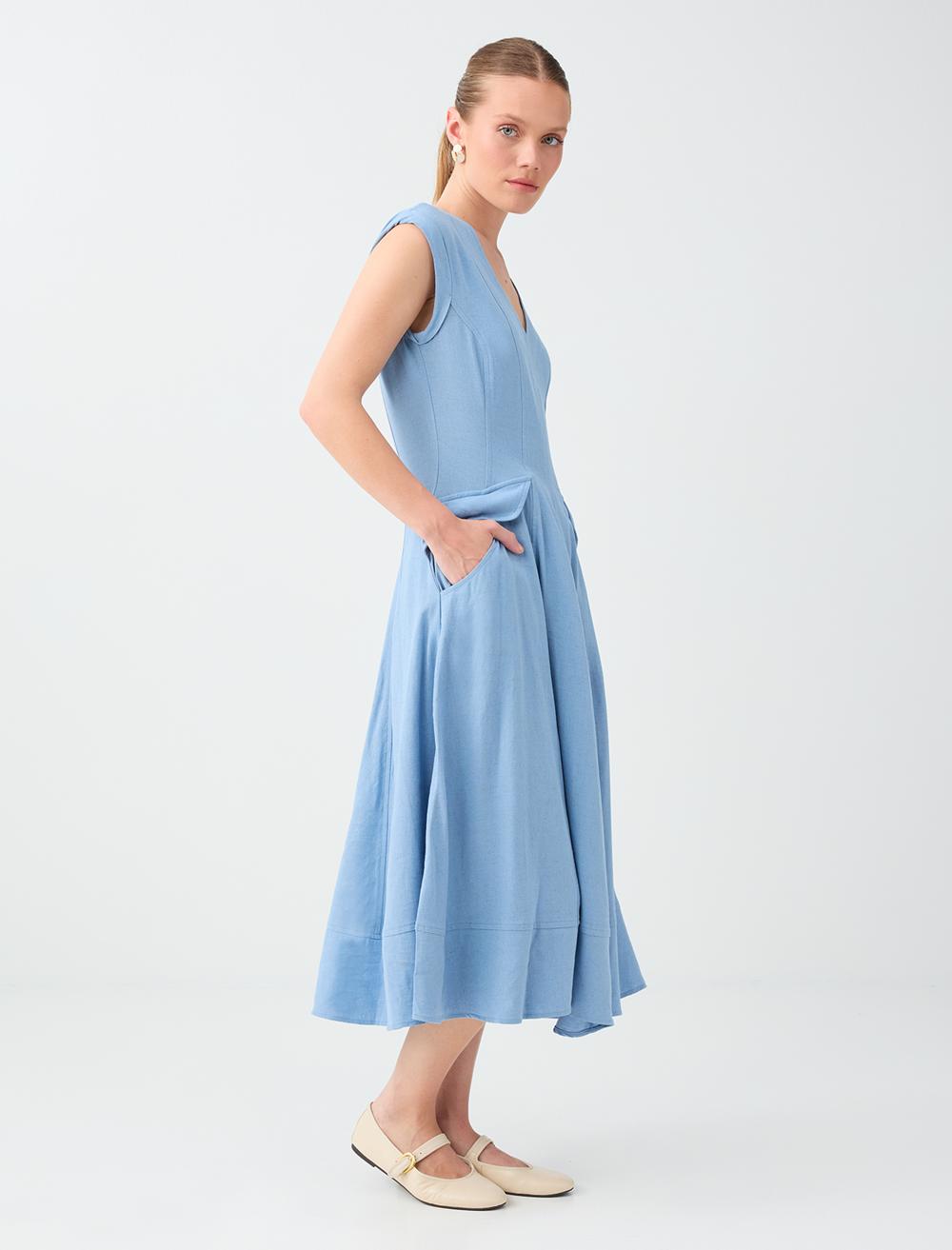 Slim Fit V-neck Sleeveless Dress - Blue - 6SW067528402