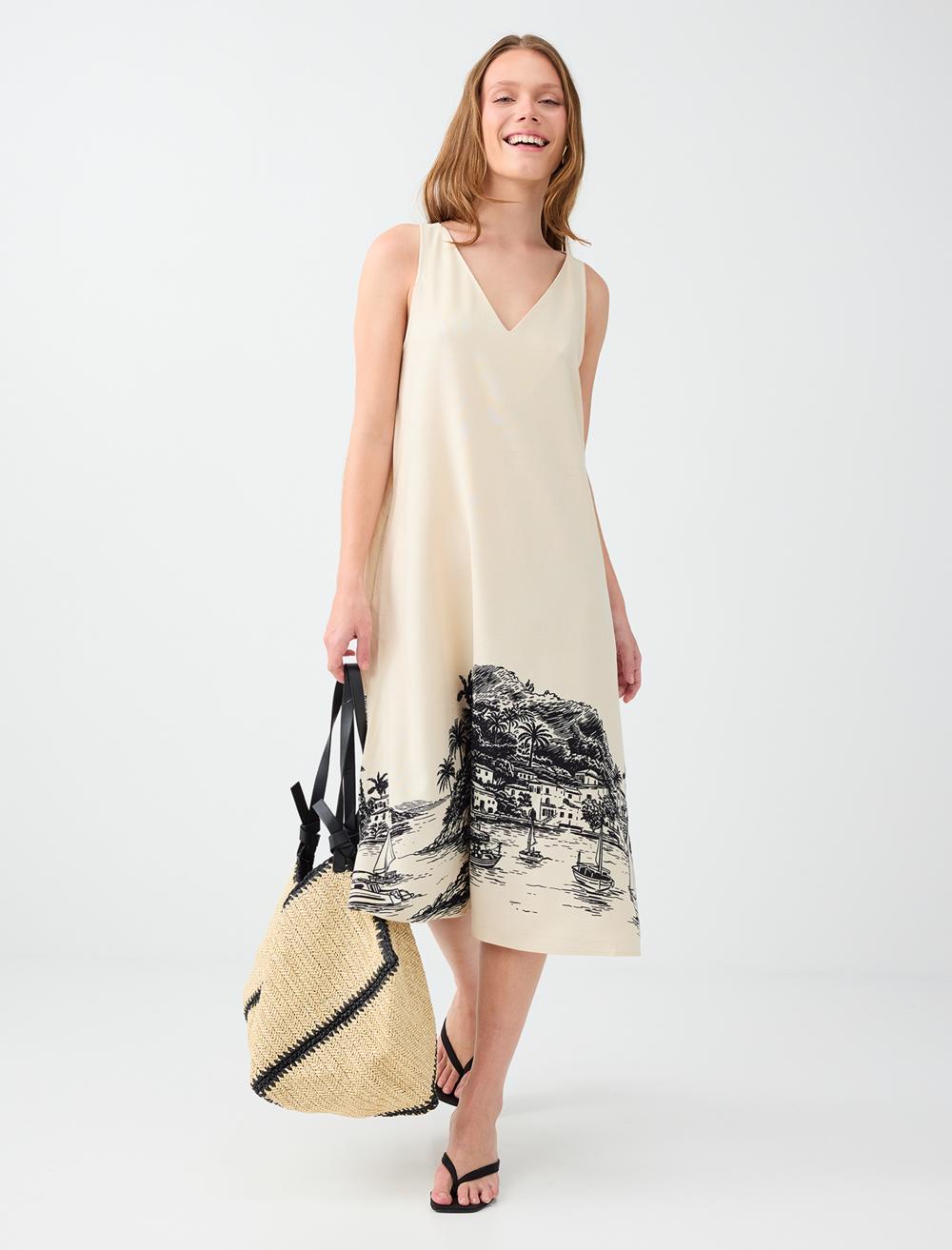 Normal Fit V-neck Sleeveless Dress - Stone - 6SW067667928