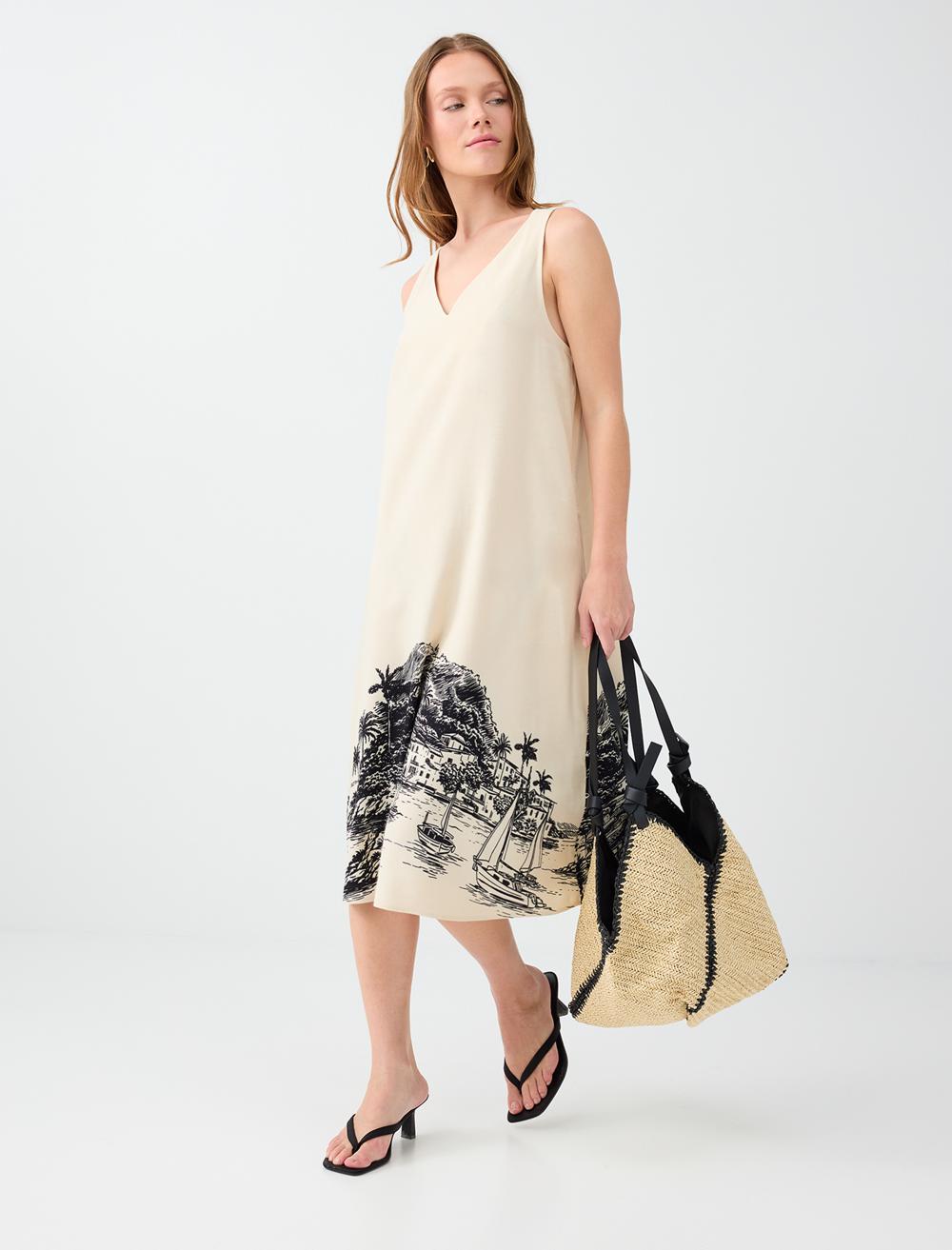 Normal Fit V-neck Sleeveless Dress - Stone - 6SW067667928