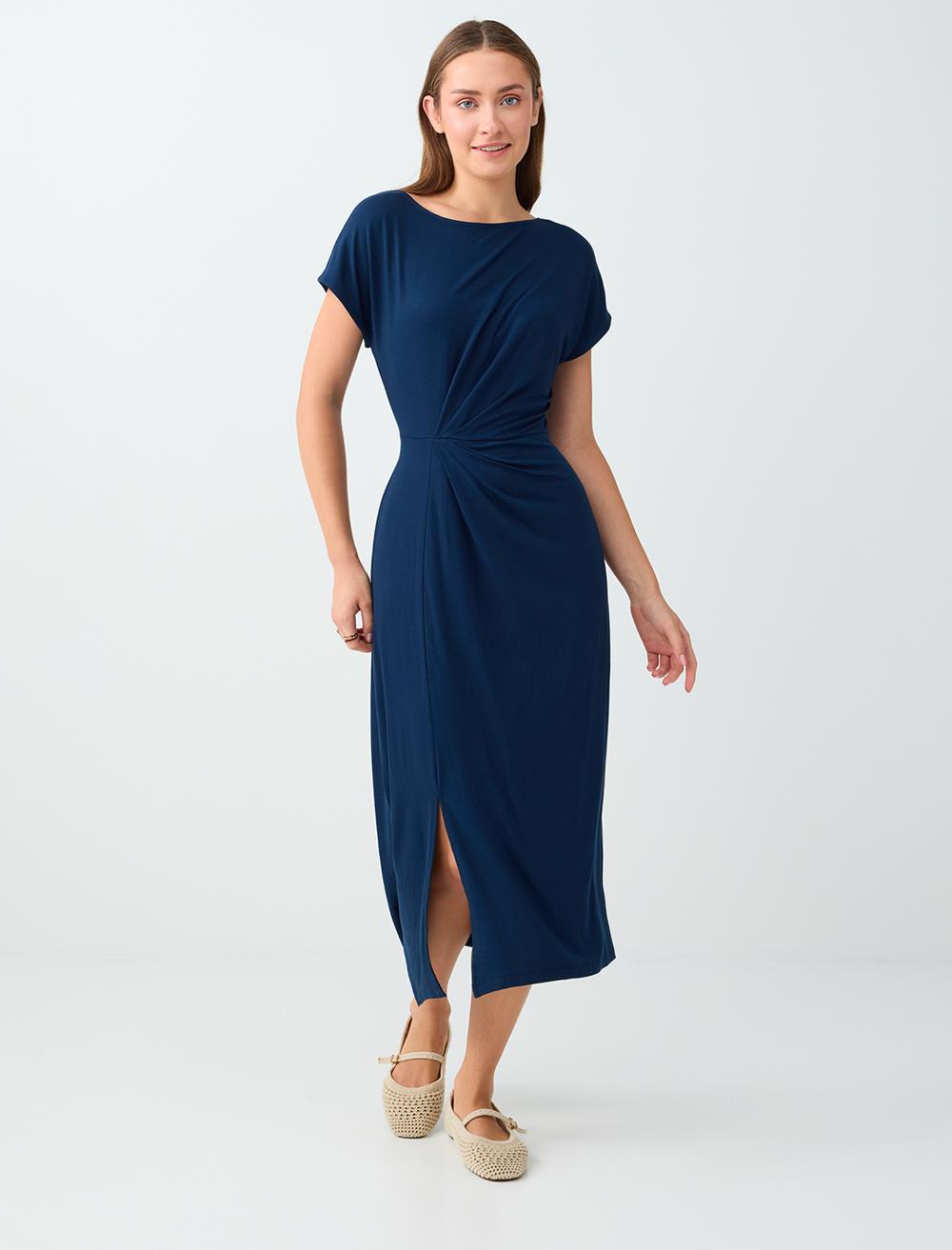 Normal Fit Off-the-shoulder Short Sleeve Dress - Dark Blue - 6WW068196494