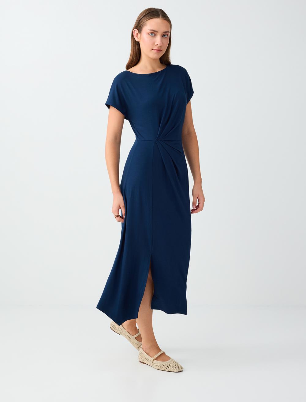Normal Fit Off-the-shoulder Short Sleeve Dress - Dark Blue - 6WW068196494