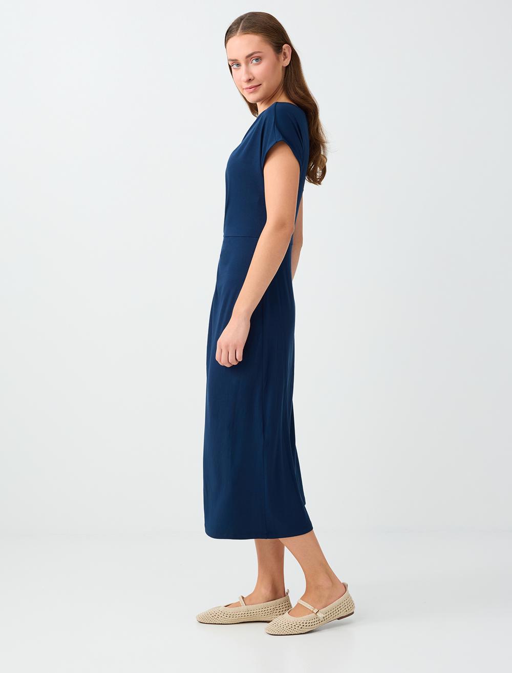 Normal Fit Off-the-shoulder Short Sleeve Dress - Dark Blue - 6WW068196494