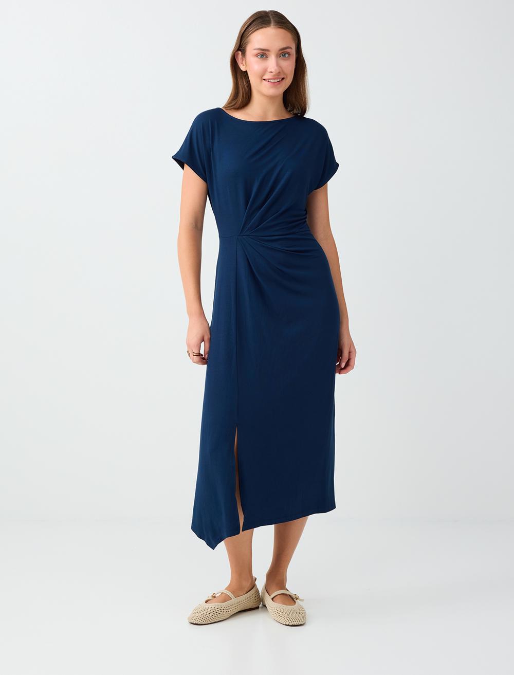 Normal Fit Off-the-shoulder Short Sleeve Dress - Dark Blue - 6WW068196494