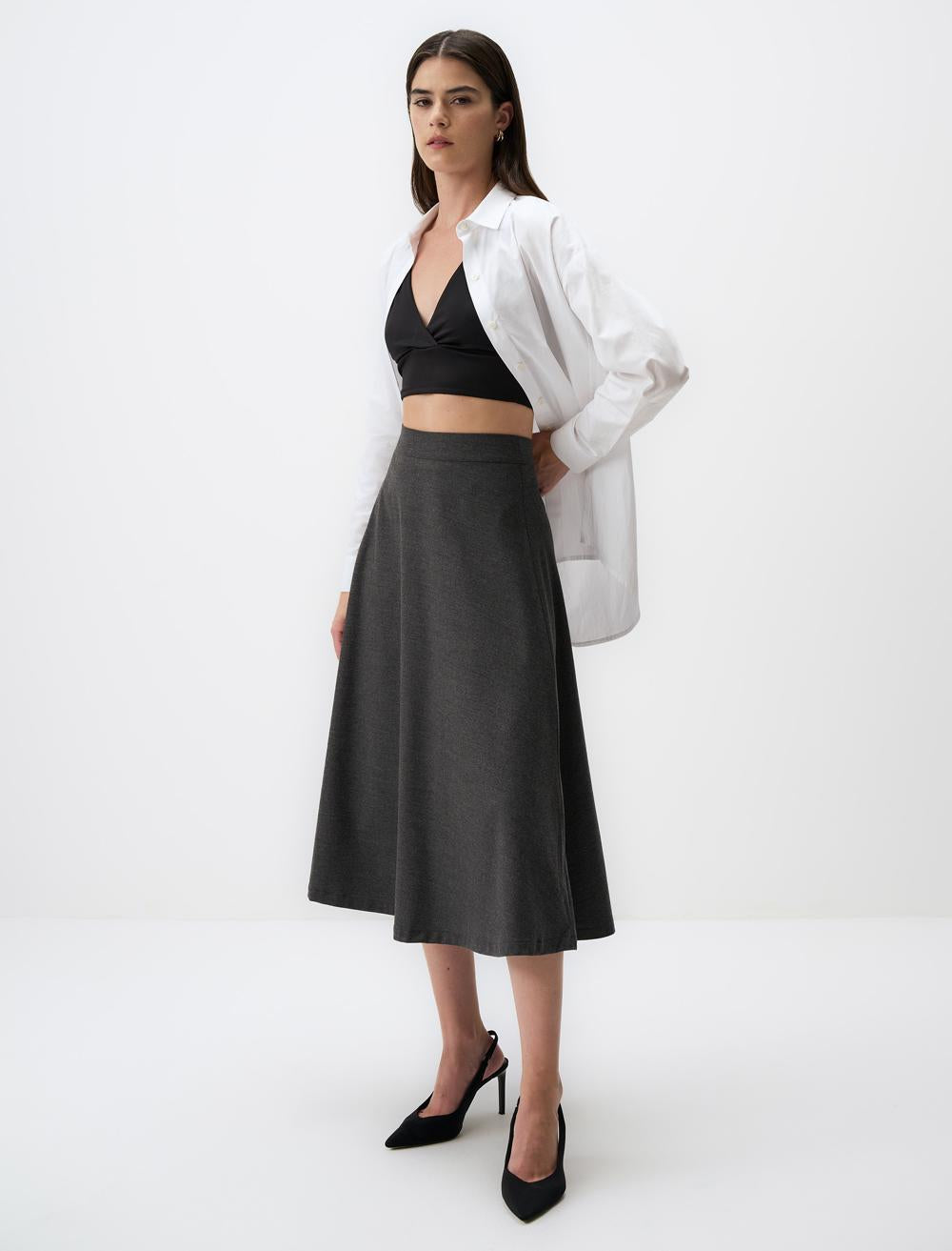 High Waist Relaxed Fit Midi Skirt