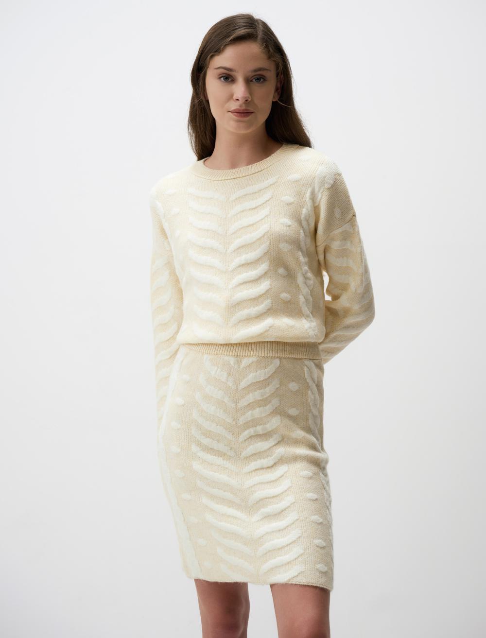 High Waist Herringbone Patterned Mini Sweater Skirt