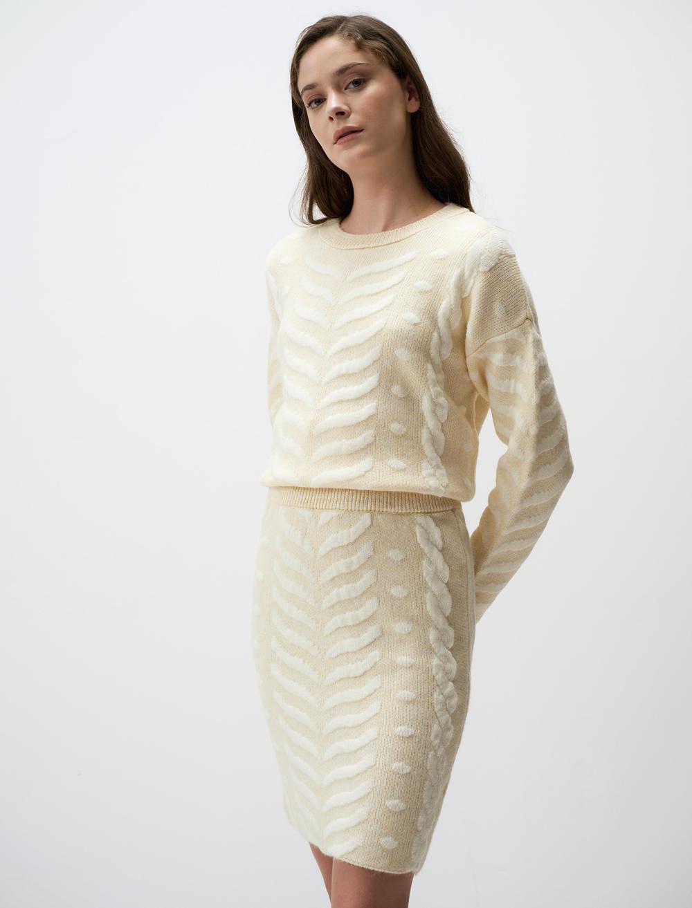 High Waist Herringbone Patterned Mini Sweater Skirt