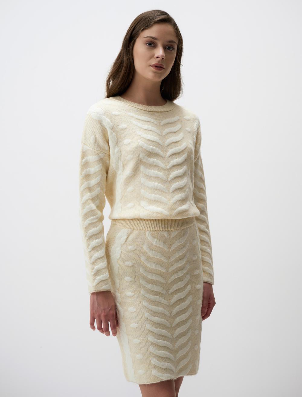 High Waist Herringbone Patterned Mini Sweater Skirt