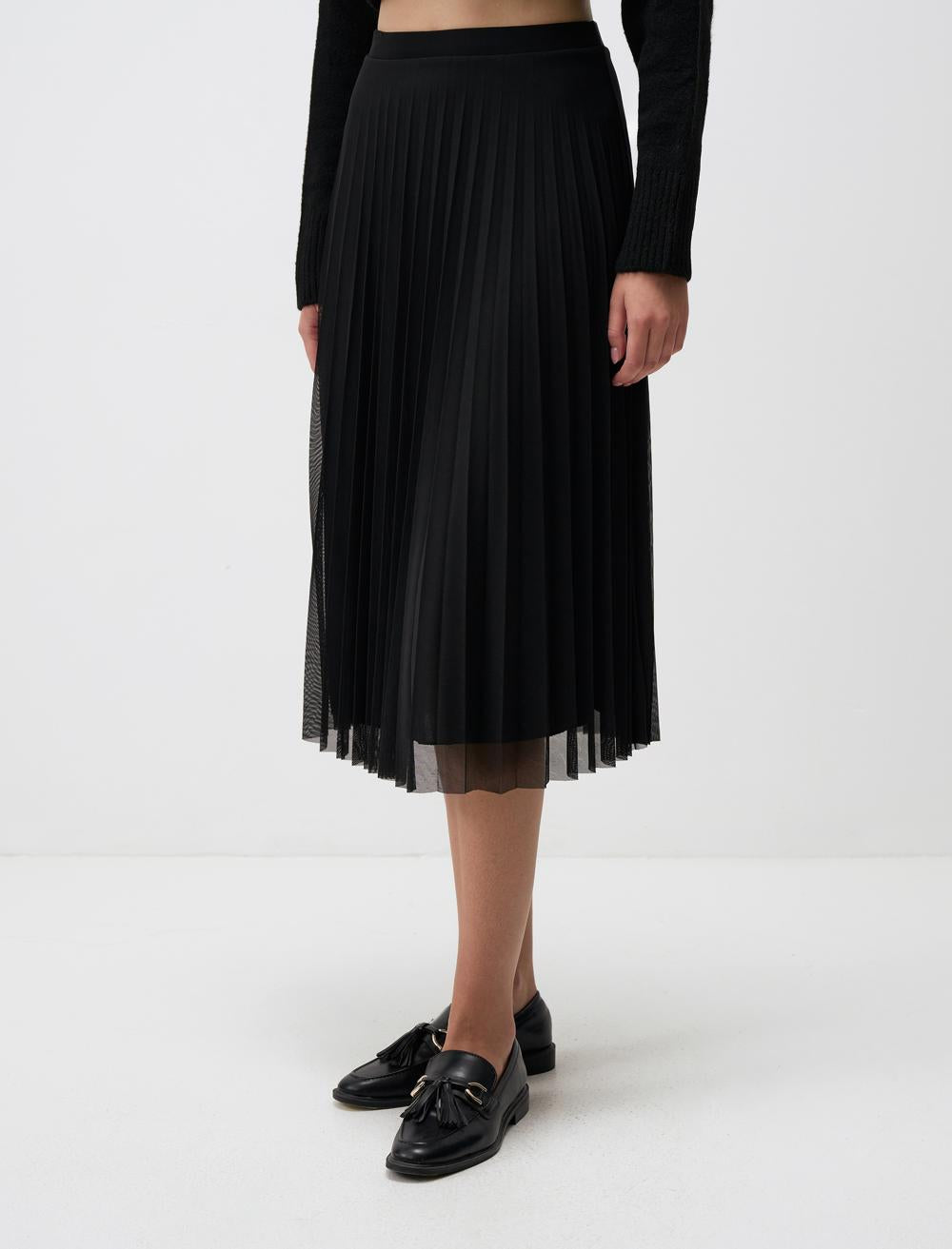 High Waist Pleated Relaxed Fit Midi Skirt