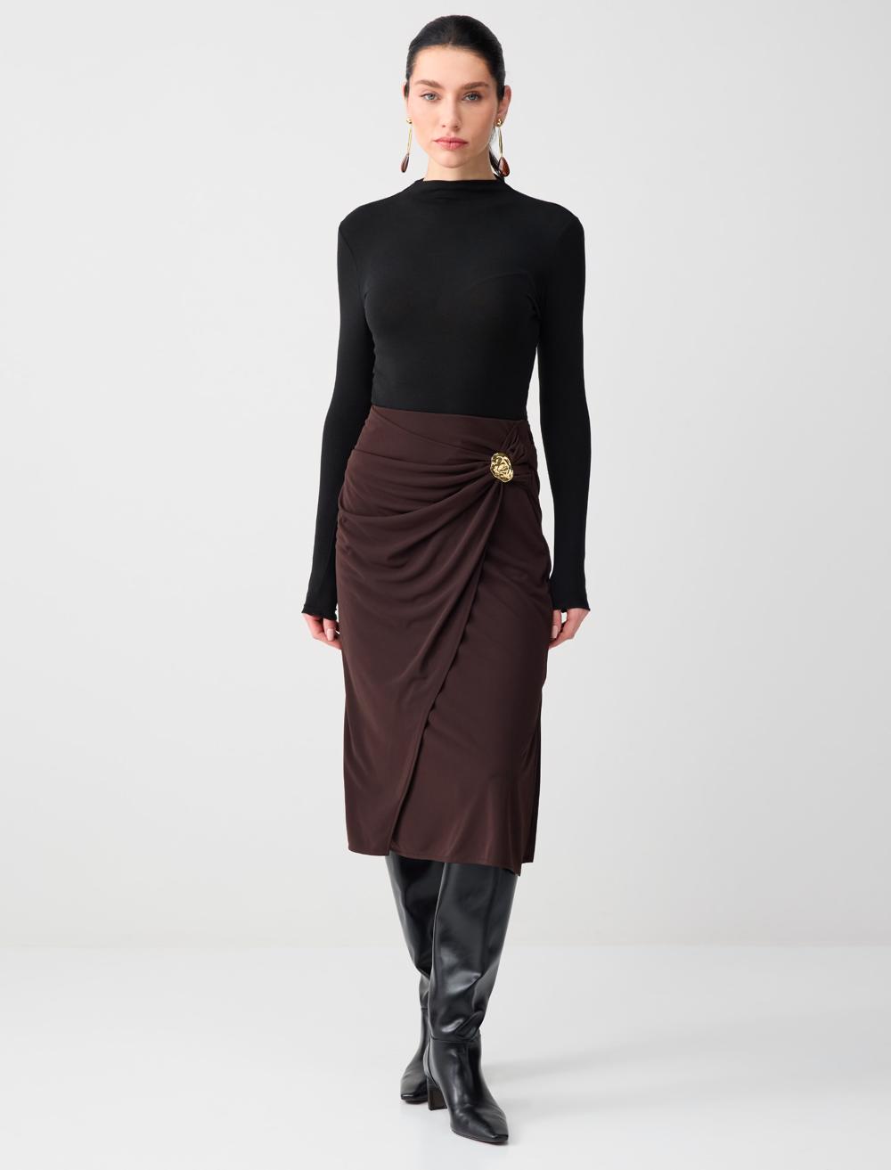 Draped Midi Skirt with Decorative Gold Buckle