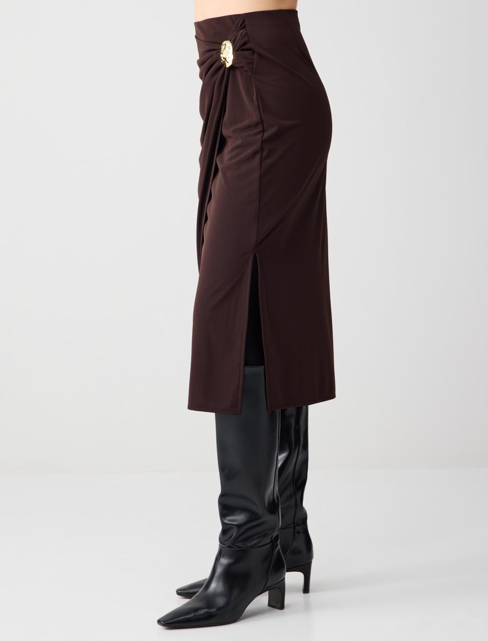 Draped Midi Skirt with Decorative Gold Buckle