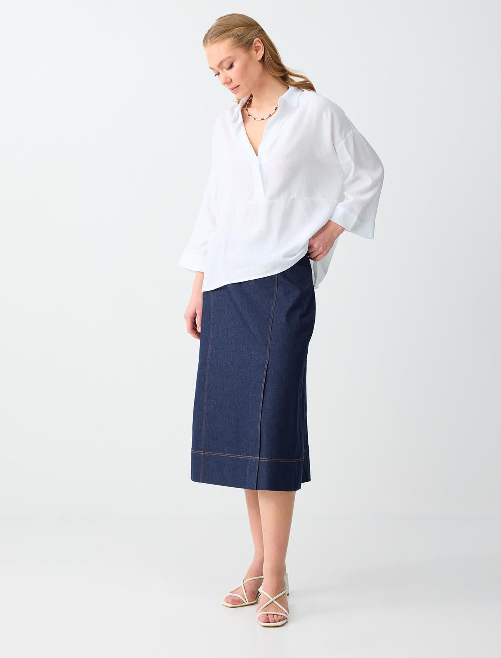 Relaxed Fit Midi Skirt Denim - Koyu İndi̇go Mavi̇