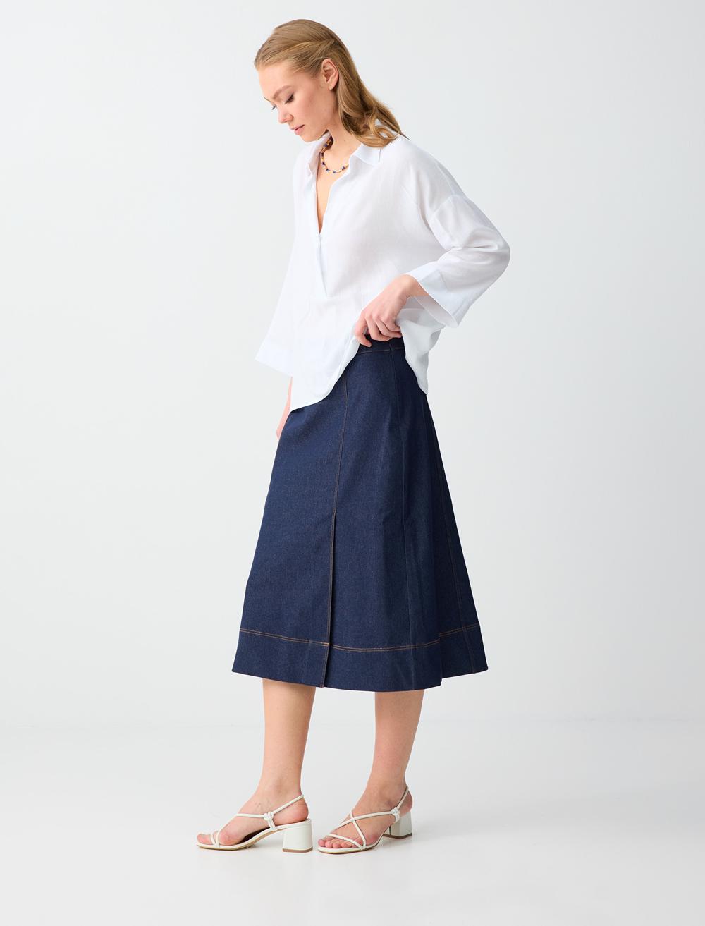 Relaxed Fit Midi Skirt Denim - Koyu İndi̇go Mavi̇