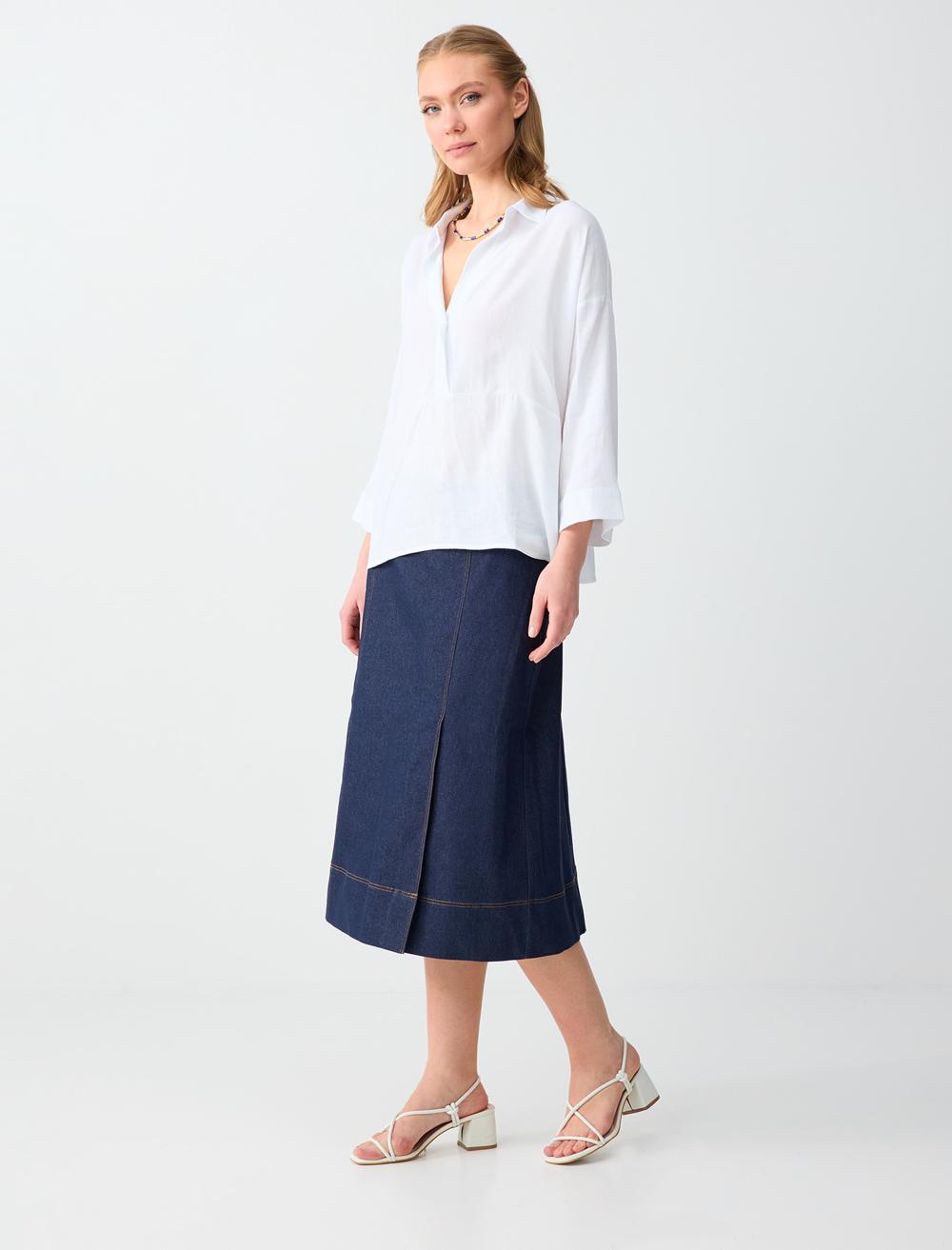Relaxed Fit Midi Skirt Denim - Koyu İndi̇go Mavi̇