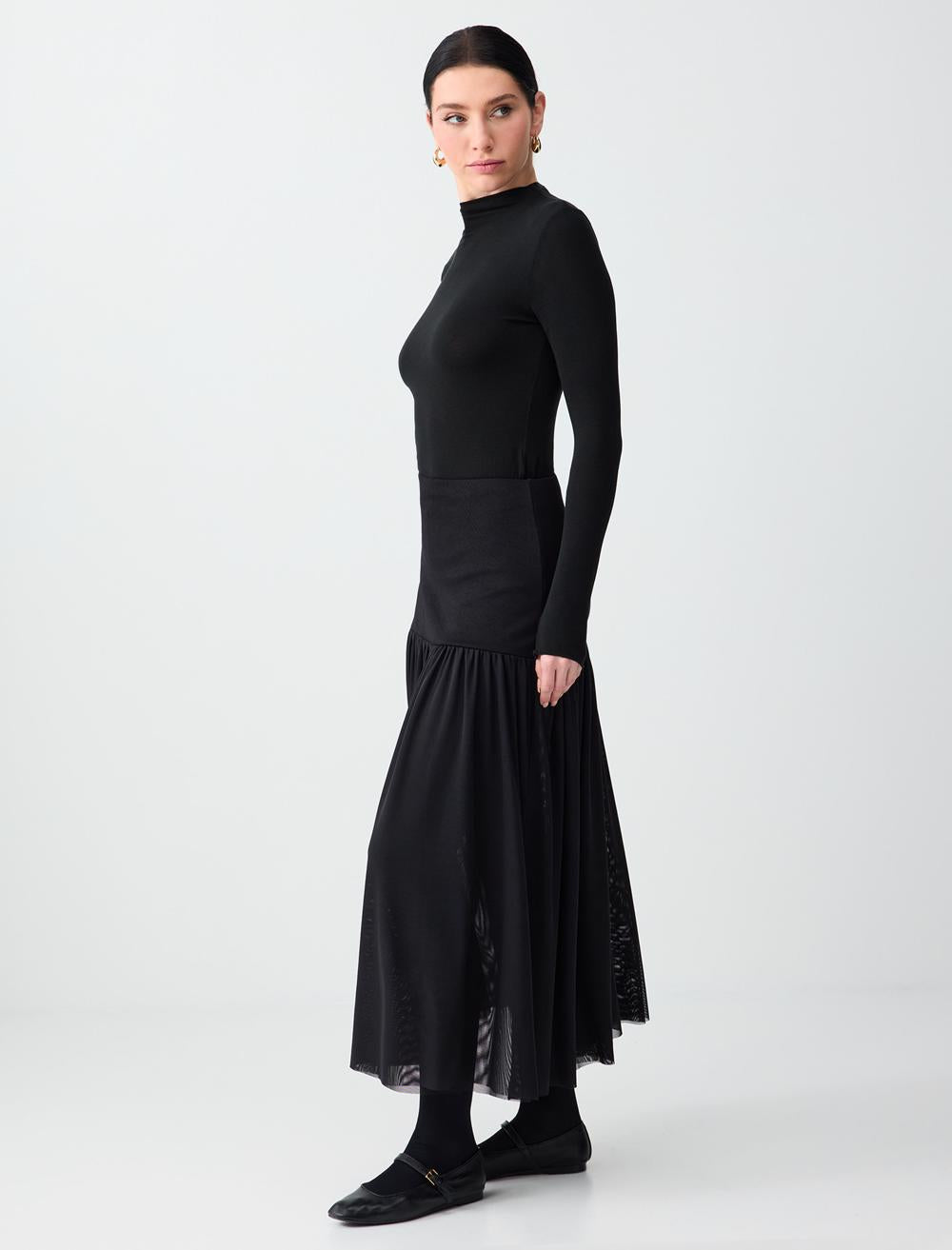 Waist Straight Cut Midi Skirt - Black