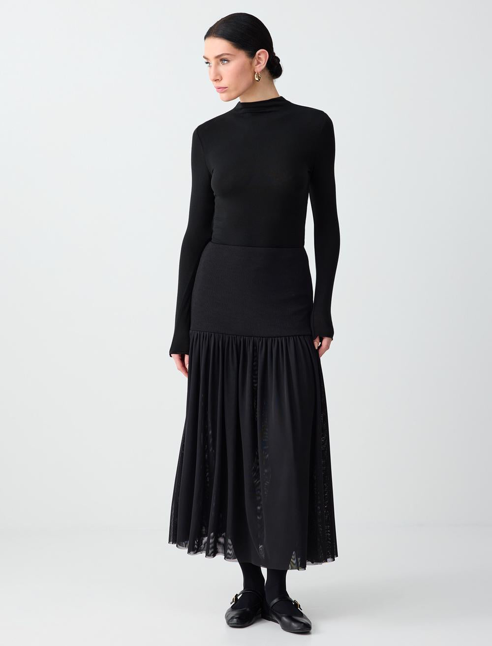 Waist Straight Cut Midi Skirt - Black