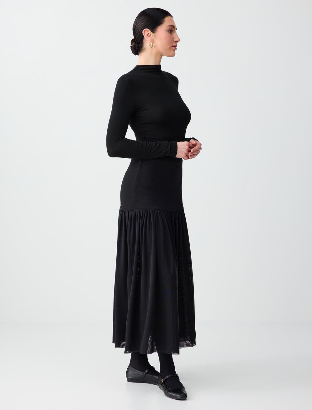 Waist Straight Cut Midi Skirt - Black