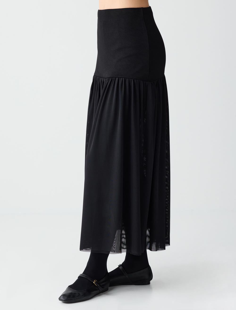 Waist Straight Cut Midi Skirt - Black