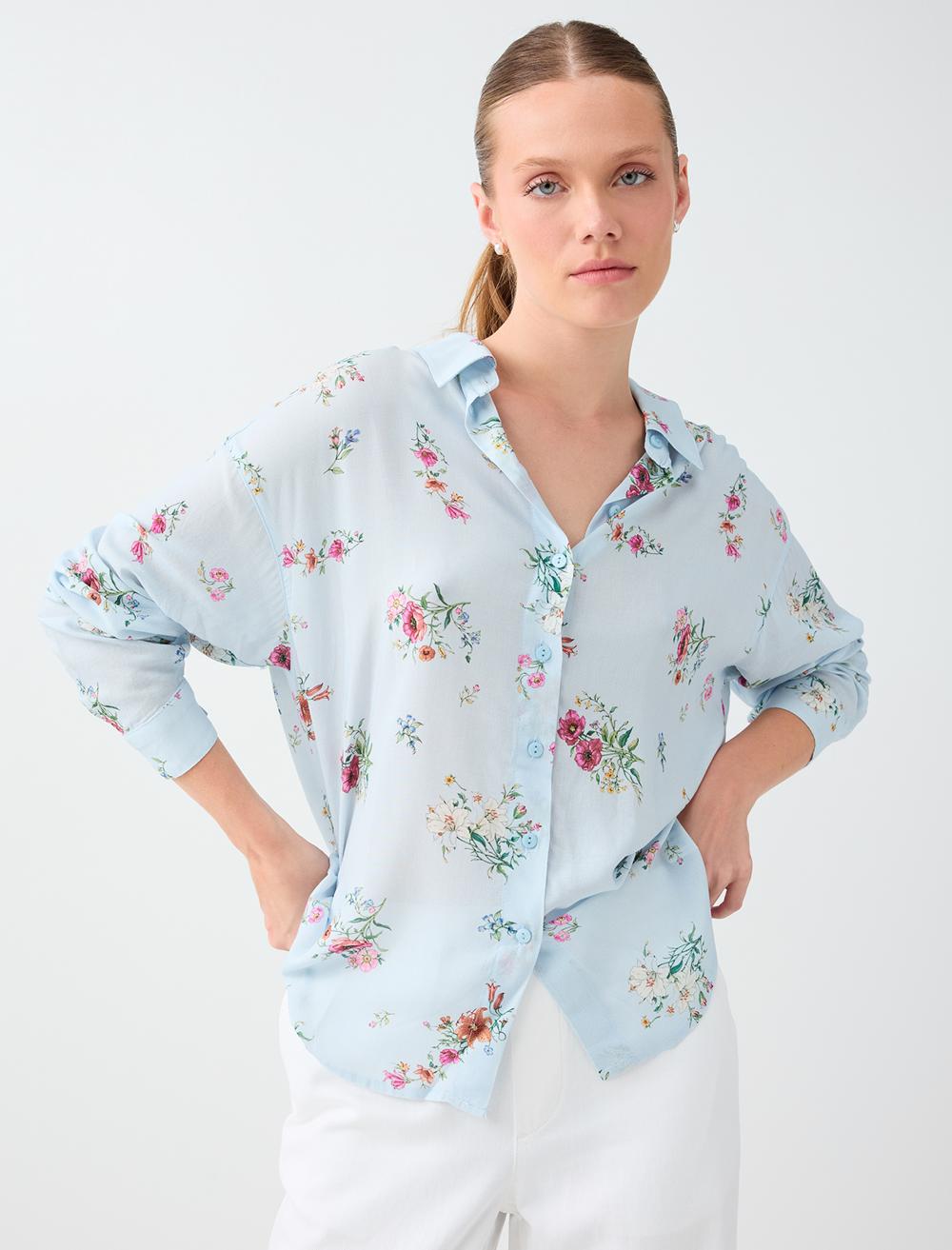 Normal Fit Shirt Collar Long Sleeve Shirt - Light Blue - 6SW087805420