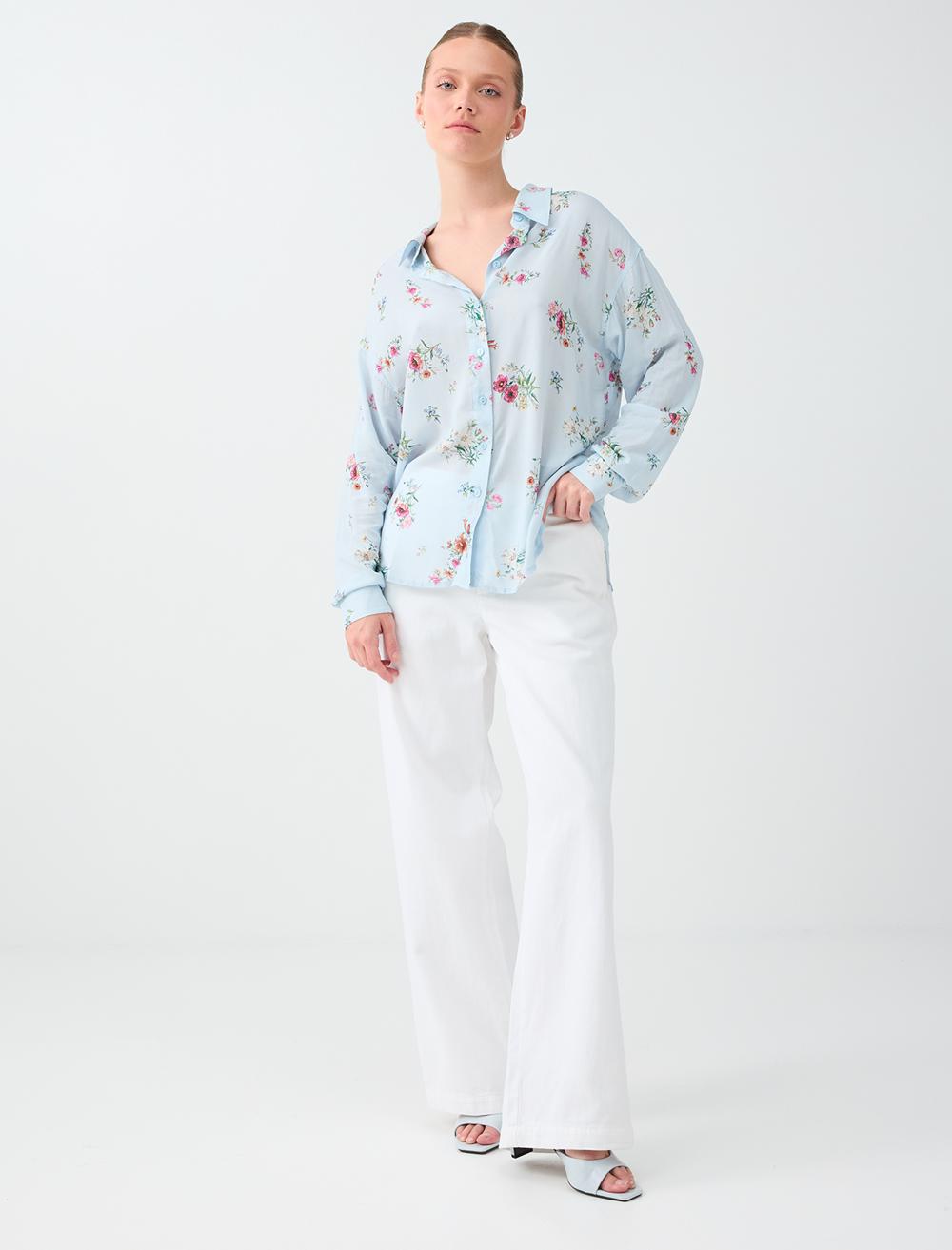 Normal Fit Shirt Collar Long Sleeve Shirt - Light Blue - 6SW087805420
