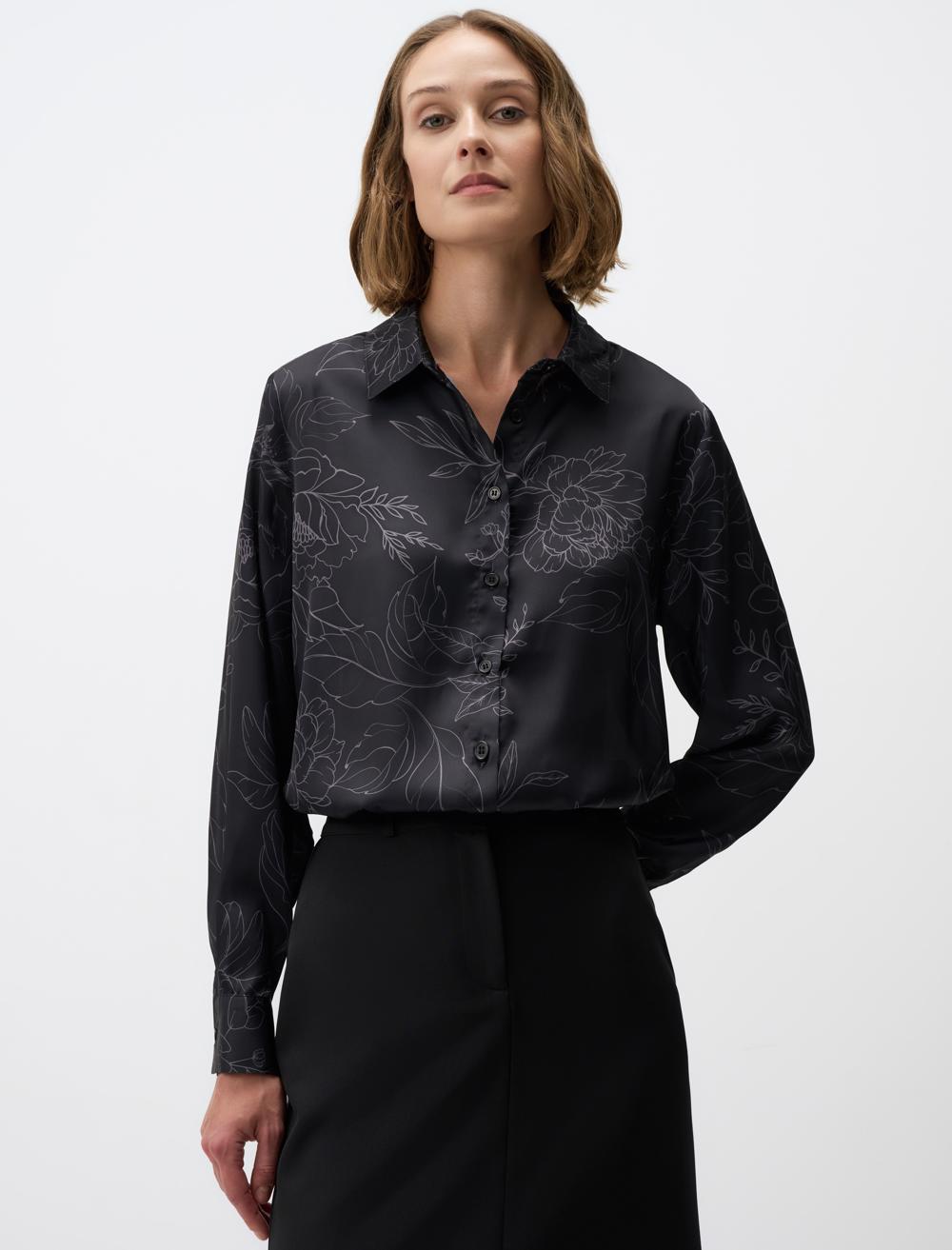 Floral Patterned Long Sleeve Satin Shirt