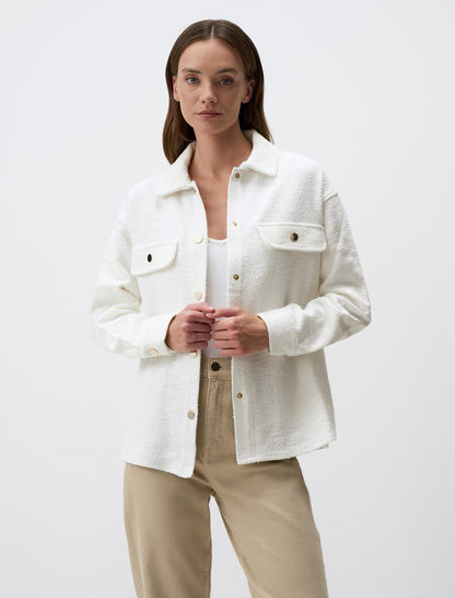 Knitted Long Shirt Jacket with Snap Detail