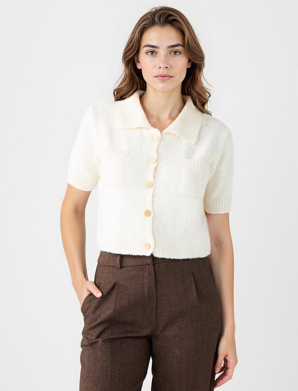 Shirt Collar Short-Sleeve Cardigan - 5WW104604