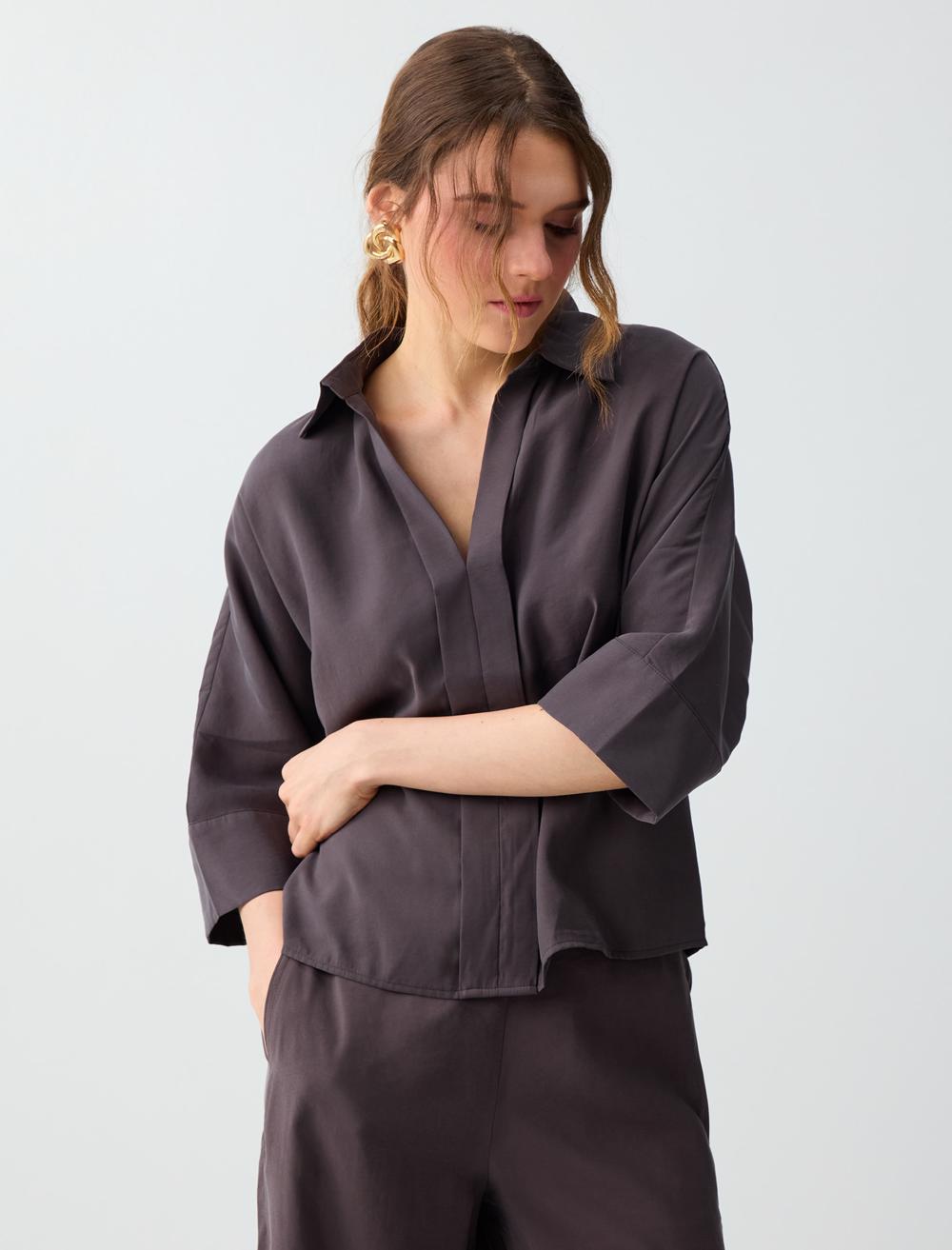 Loose Fit Shirt Collar 3/4 Sleeve Blouse - Brown - 6SW036566803