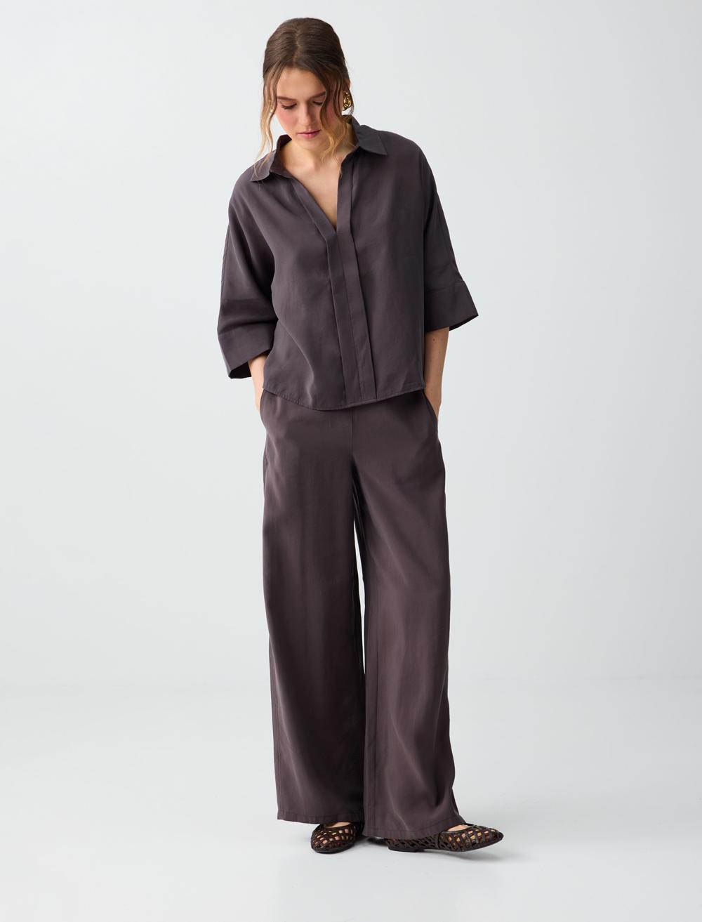 Loose Fit Shirt Collar 3/4 Sleeve Blouse - Brown - 6SW036566803
