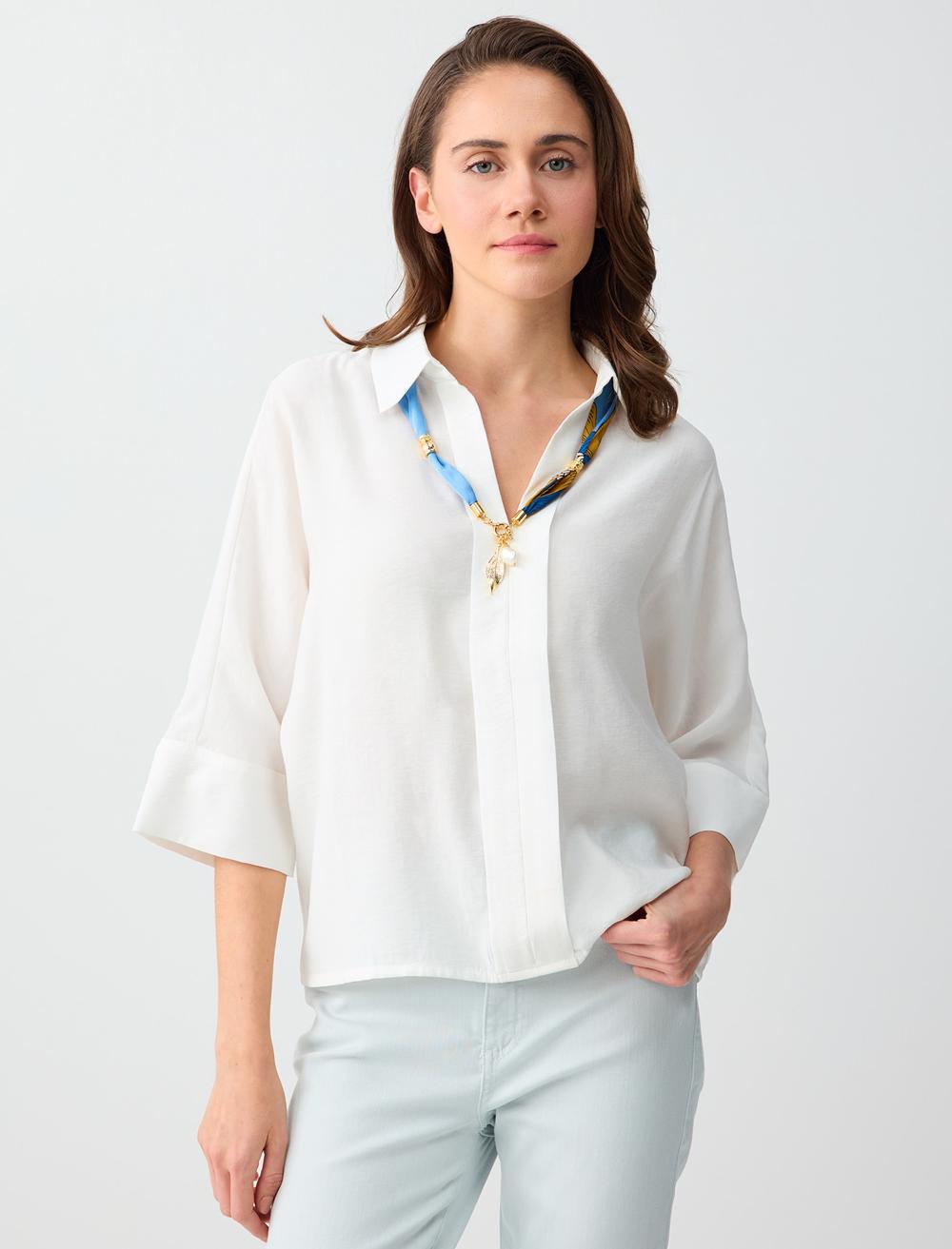 Loose Fit Shirt Collar 3/4 Sleeve Blouse - White - 6SW036566100