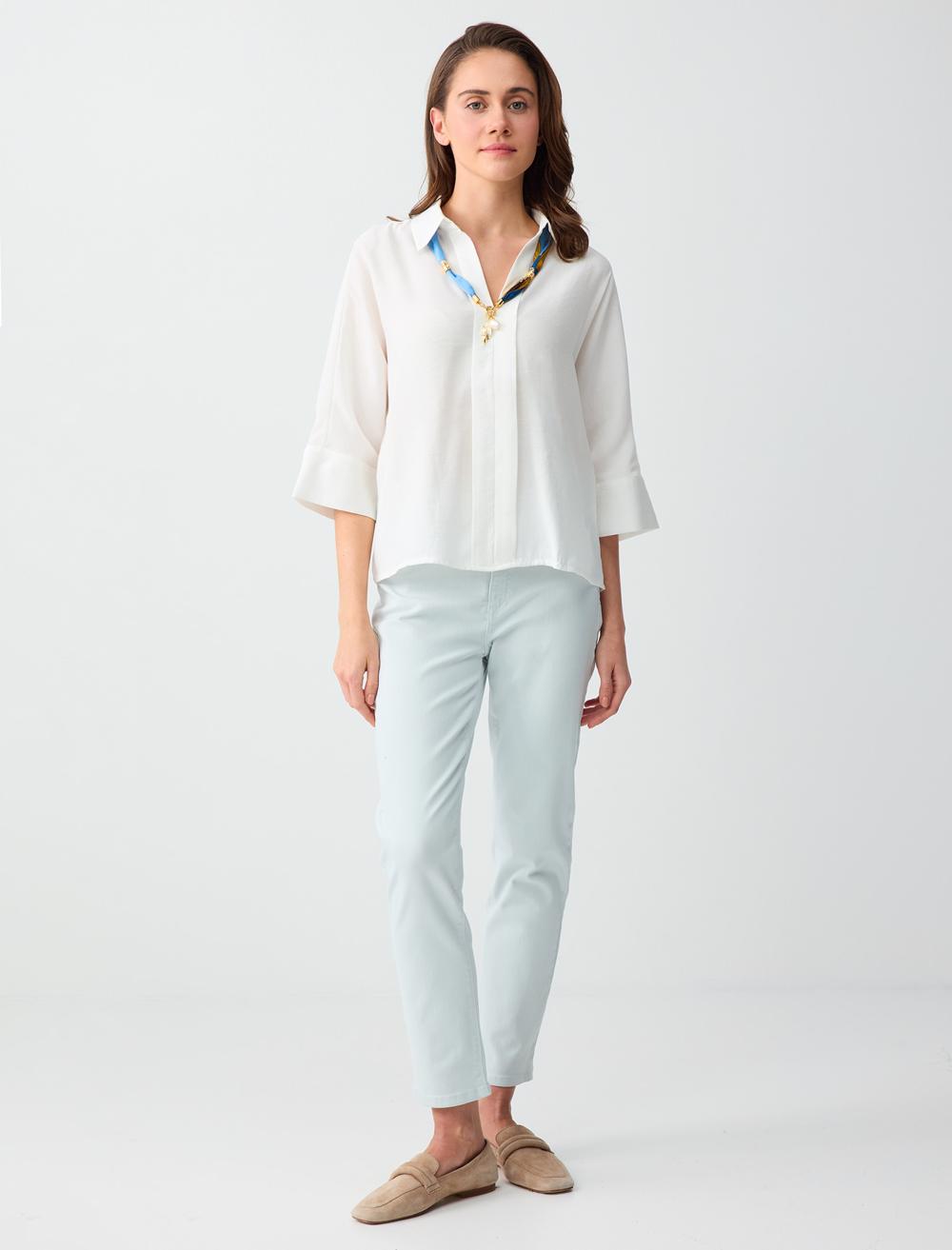 Loose Fit Shirt Collar 3/4 Sleeve Blouse - White - 6SW036566100